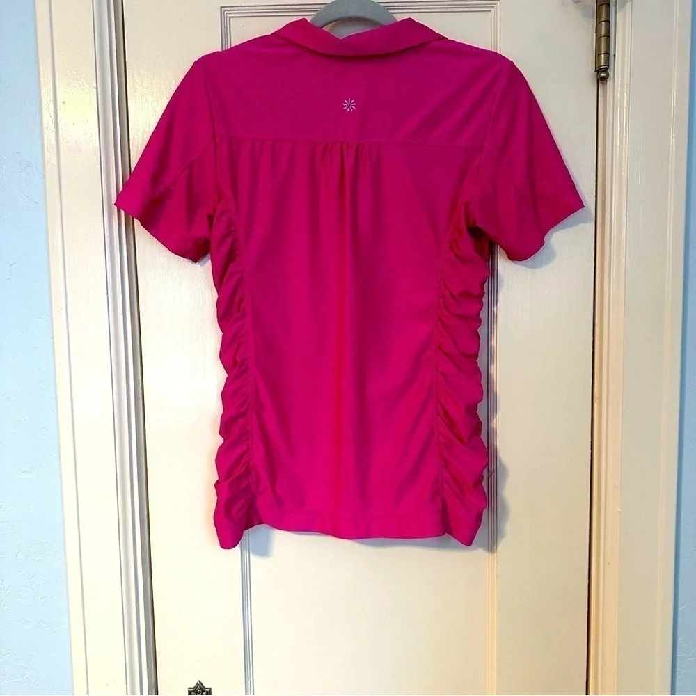 Athleta Top Birdie Rouched Collar Short Sleeves V-neck Pink Tennis Golf Size M